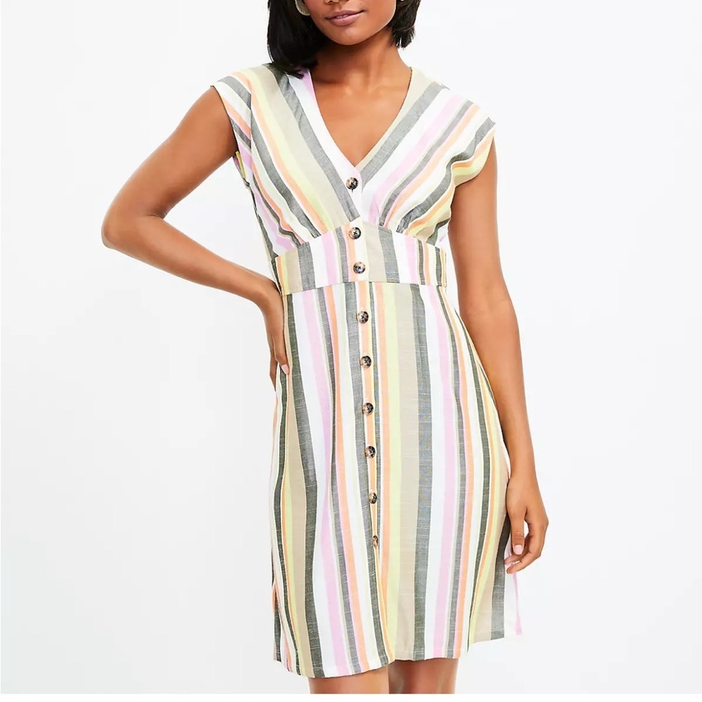 Striped Button Flare Dress Loft size 2